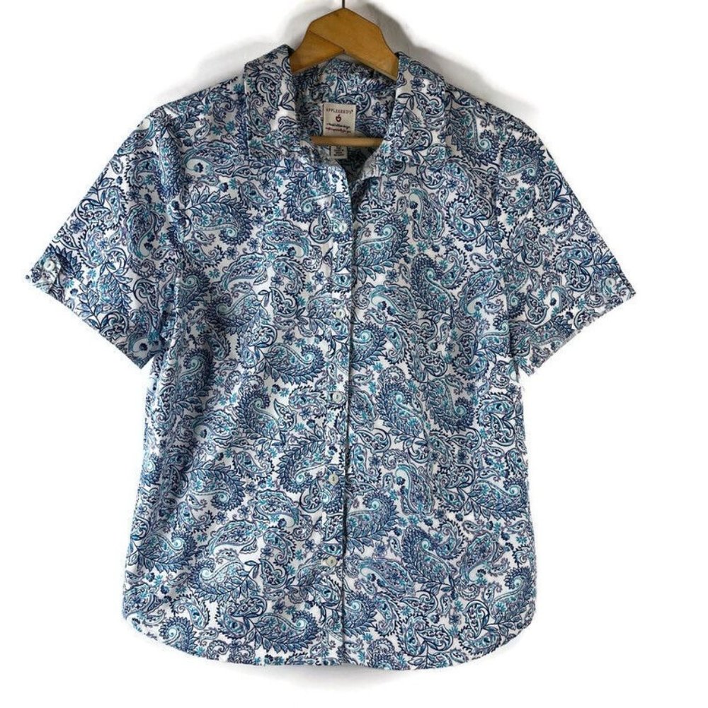 Appleseed's Womens Button Up Shirt Top Size 12 Blue Floral Paisley Collared